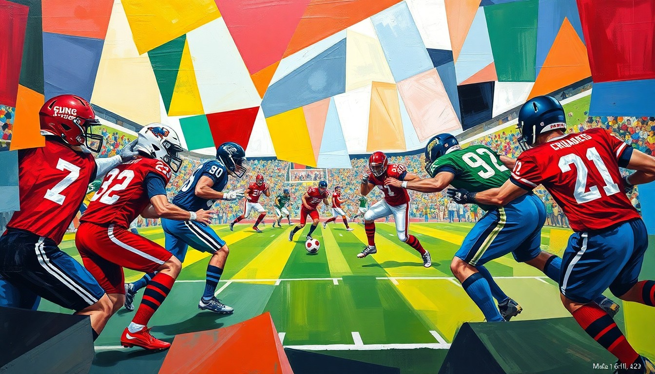 A cubist, geometric painting depicting a football game, with sharp, overlapping planes of color representing the players and action on the field.