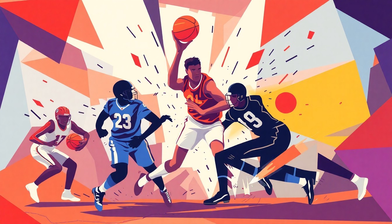 A fractured, multi-perspective painting in the geometric, cubist style, breaking down sports games, matches, and competition into sharp, overlapping planes of color and shape.