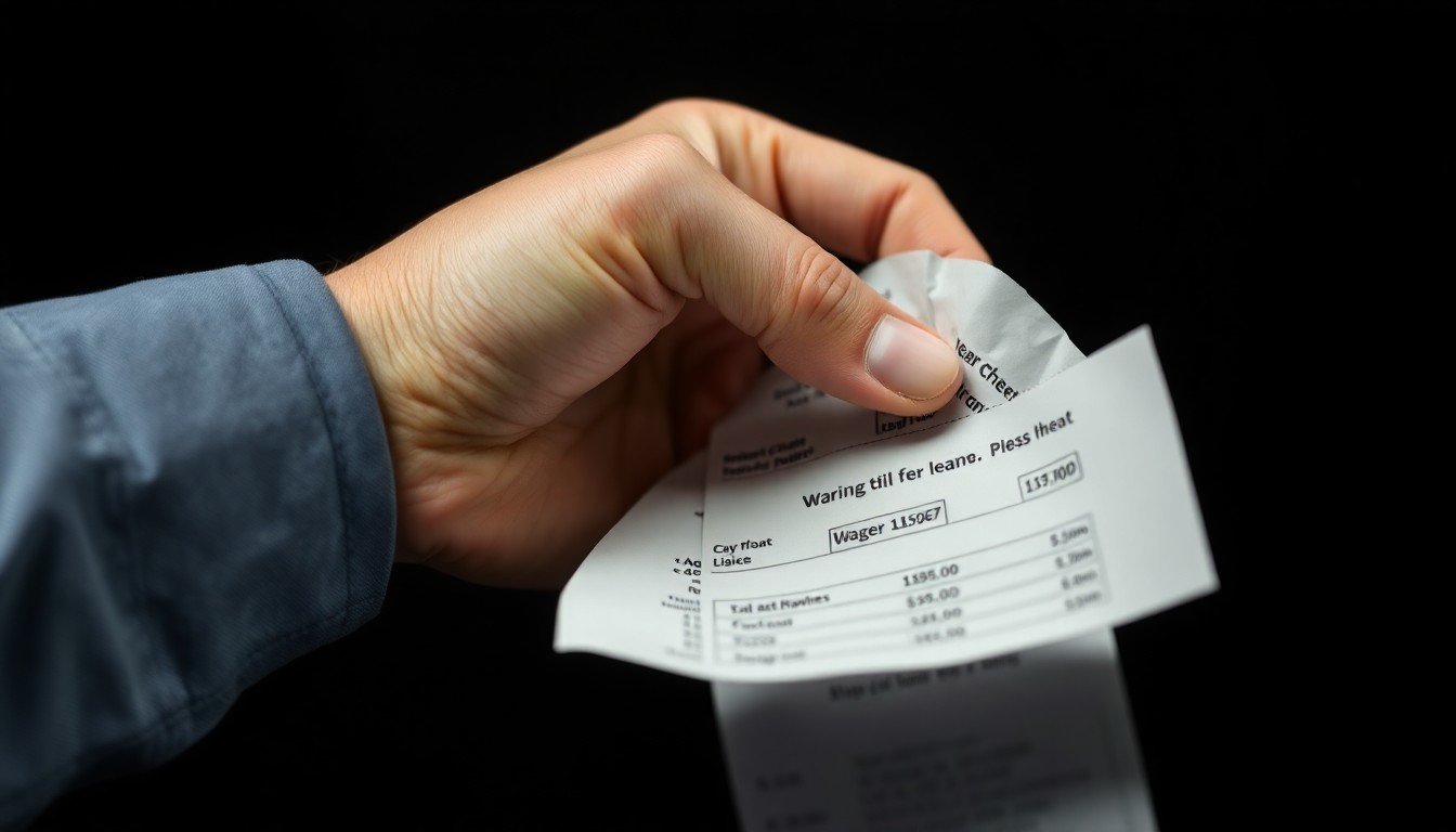 An extreme close-up photograph of a worker's hand holding a crumpled pay stub, the harsh lighting and dark background creating a stark, gritty aesthetic that conceptually represents the crime of wage theft against vulnerable workers.