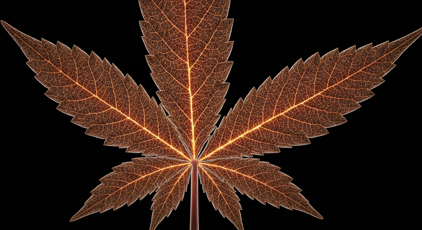 A glowing neon outline of a cannabis leaf, its veins pulsing with an urgent energy, conceptually representing the ongoing political challenges around implementing medical cannabis legalization.