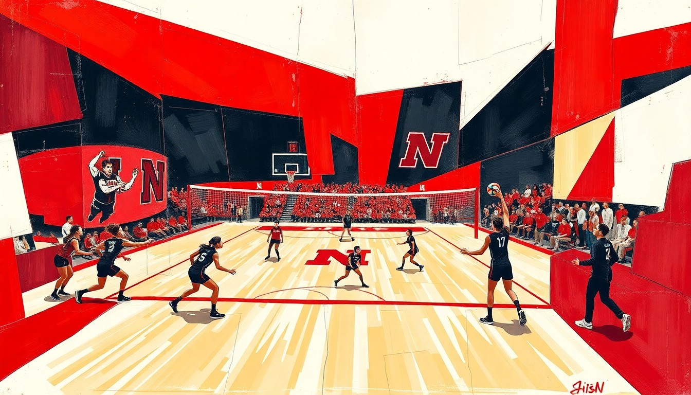 A cubist, geometric painting depicting a Nebraska volleyball match, with sharp, overlapping planes of red, white, and black colors representing the team's official colors.