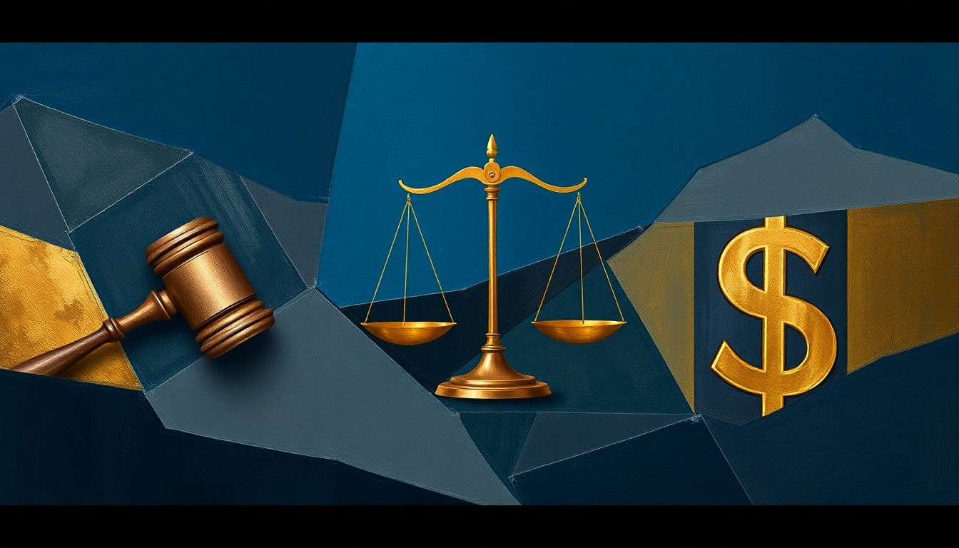 A dynamic, fragmented painting featuring a gavel, scales of justice, and a dollar sign, conveying the complex interplay of politics, law, and finance at the heart of this ongoing legal battle.