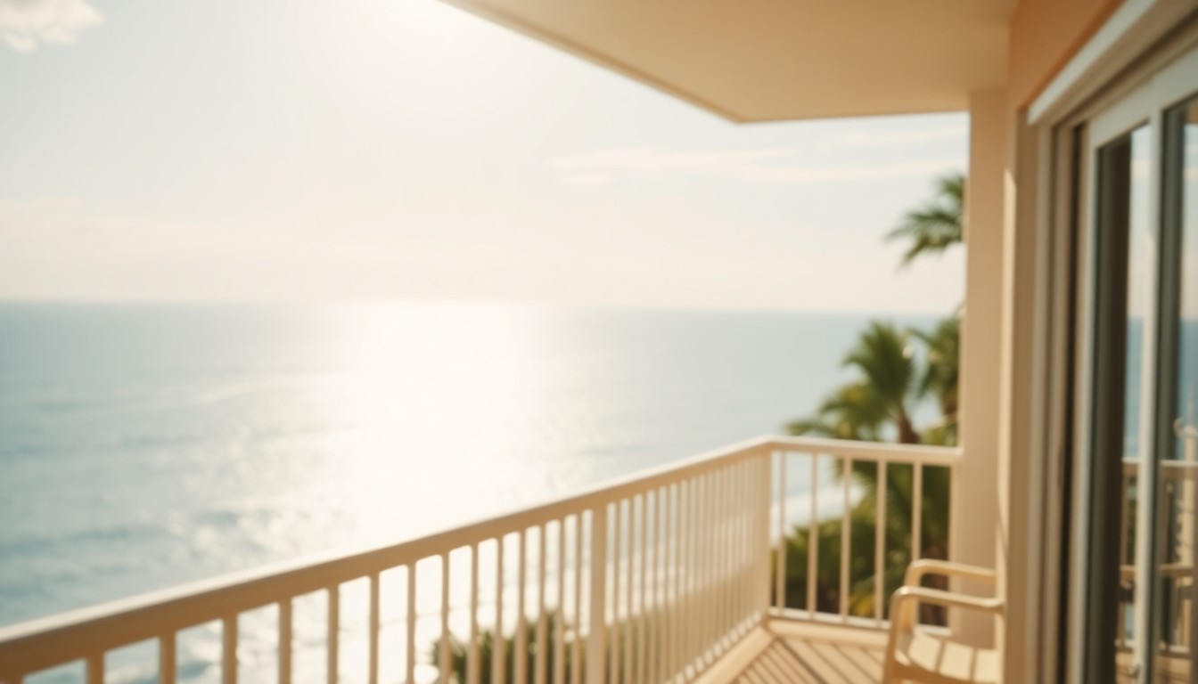 An extremely abstracted, out-of-focus photograph shot through condensation or rain-streaked glass, composed of soft pools of warm color and light depicting a sun-drenched balcony overlooking the Atlantic Ocean with the faint silhouette of palm trees in the background.