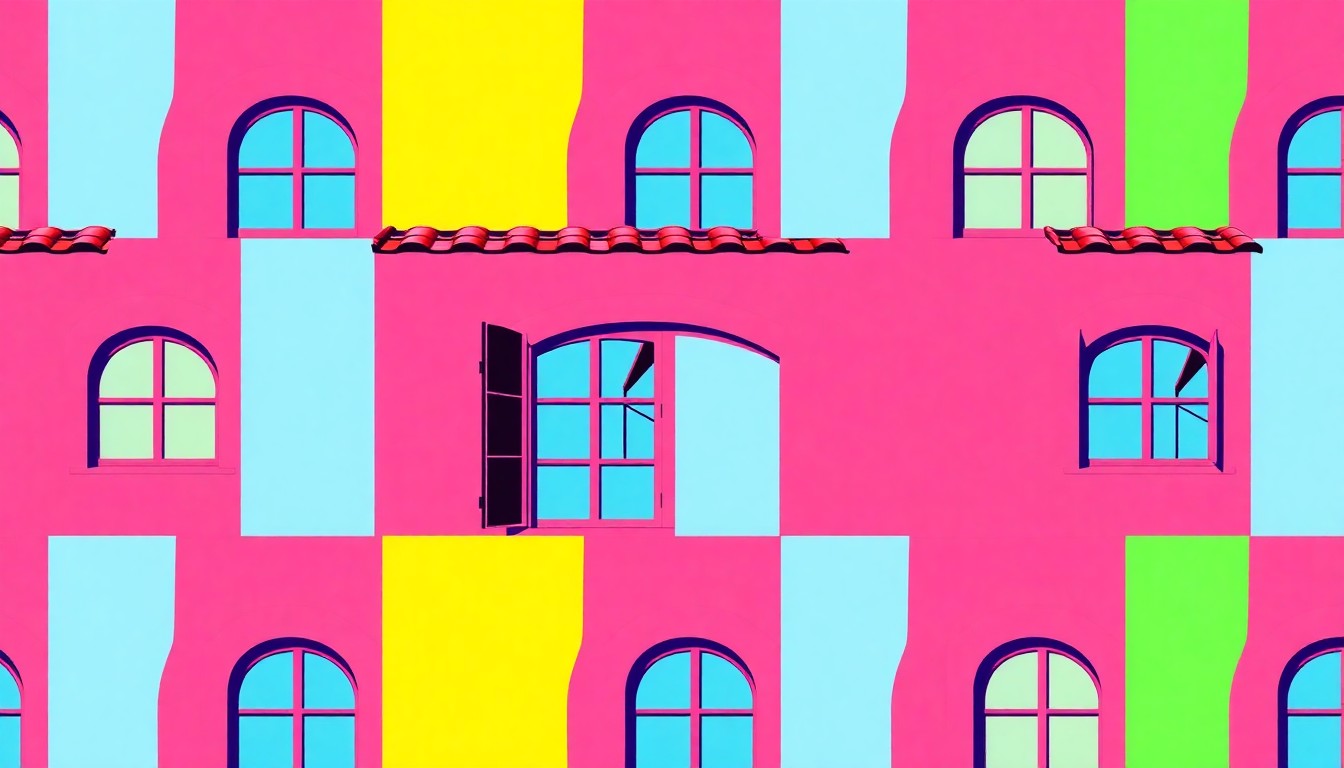 A high-contrast silkscreen print featuring a repeated pattern of an ornate Mediterranean villa window, rendered in a vibrant neon color palette with heavy black outlines, capturing the home's distinctive architectural details.