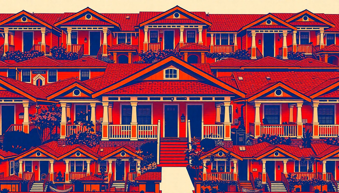 A brightly colored, abstract silkscreen illustration of a single bungalow home exterior repeated in a grid, capturing the warmth and character of this historic property.