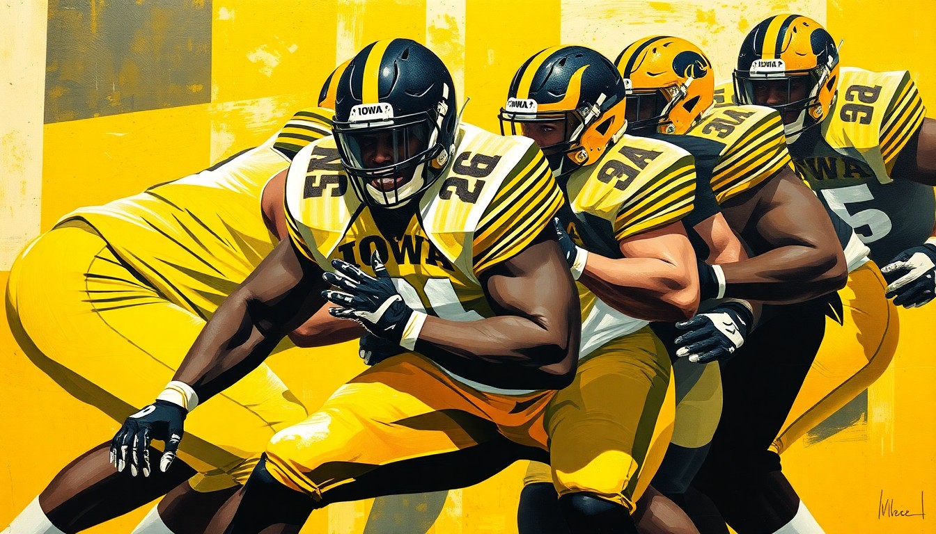 A fractured, multi-perspective painting depicting an offensive lineman's blocking motion, with sharp, overlapping geometric planes in the colors of the Iowa Hawkeyes' uniform, conceptually representing the physicality and athleticism of the player.