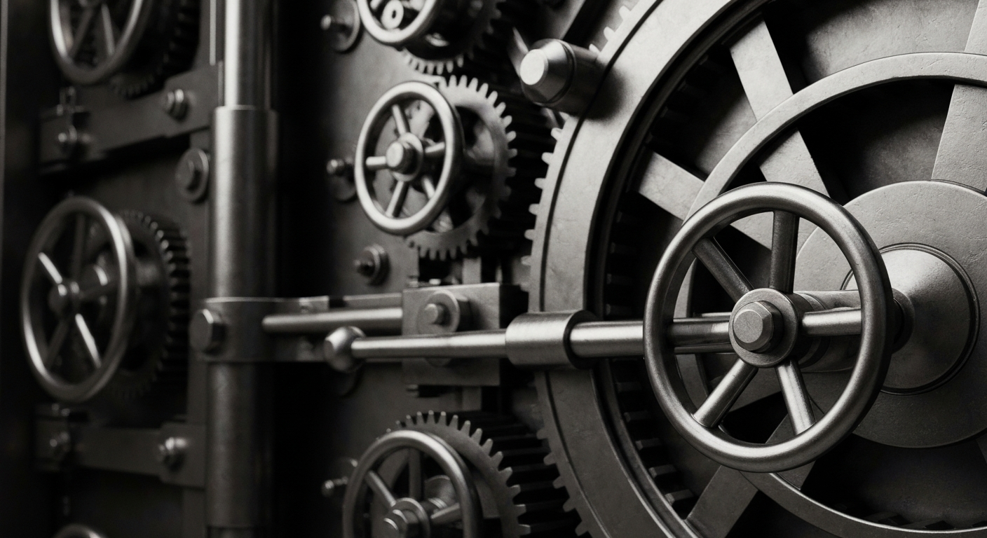 An extreme close-up of the heavy, industrial components of a bank vault door, including gears, levers, and metallic mechanisms, conveying a sense of the tangible power and security of financial institutions.