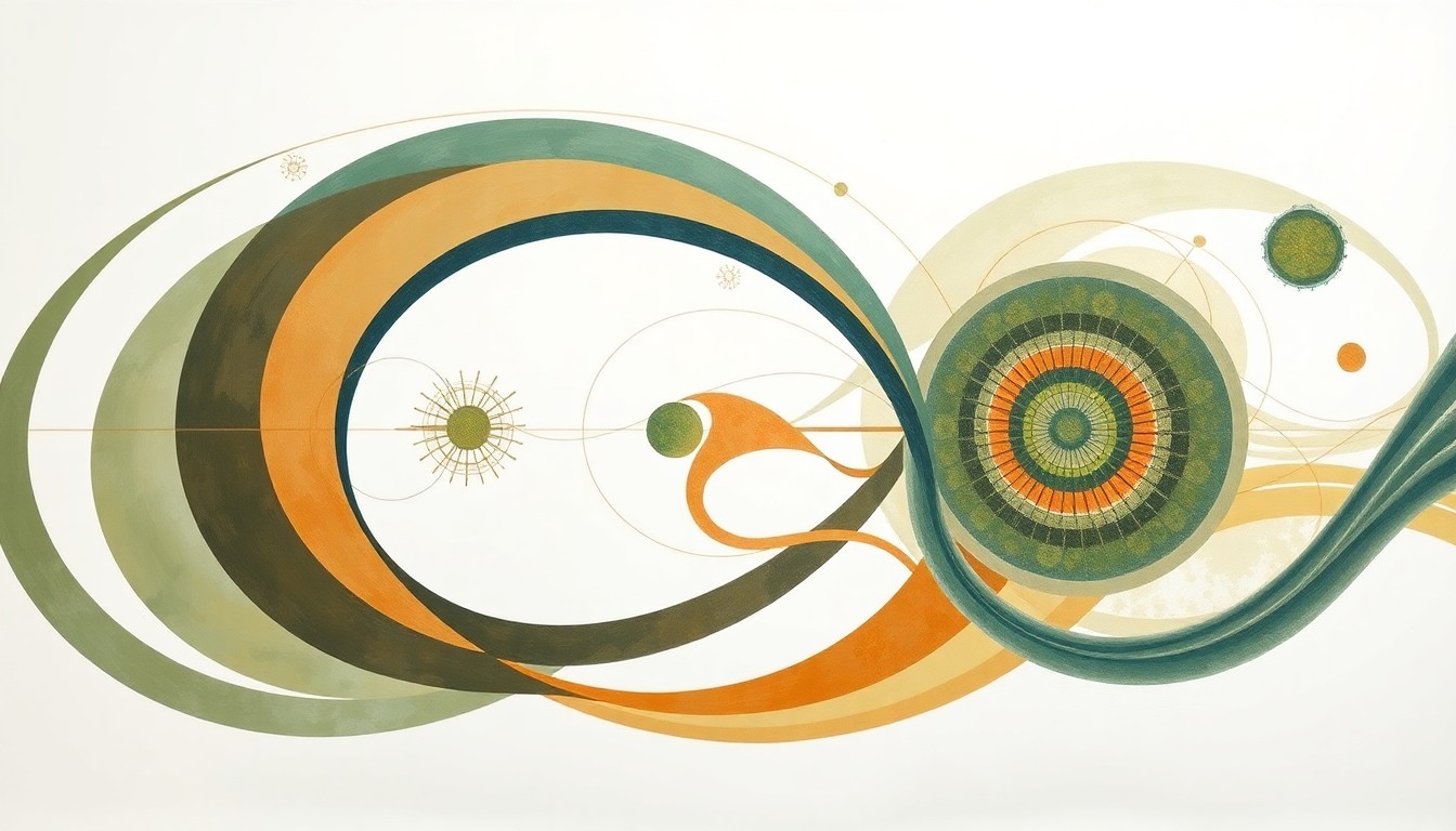 An abstract, geometric painting in muted earth tones depicting interlocking cellular structures, waveforms, and spiraling molecular shapes, representing the complex biological forces that govern stem cell differentiation and identity.