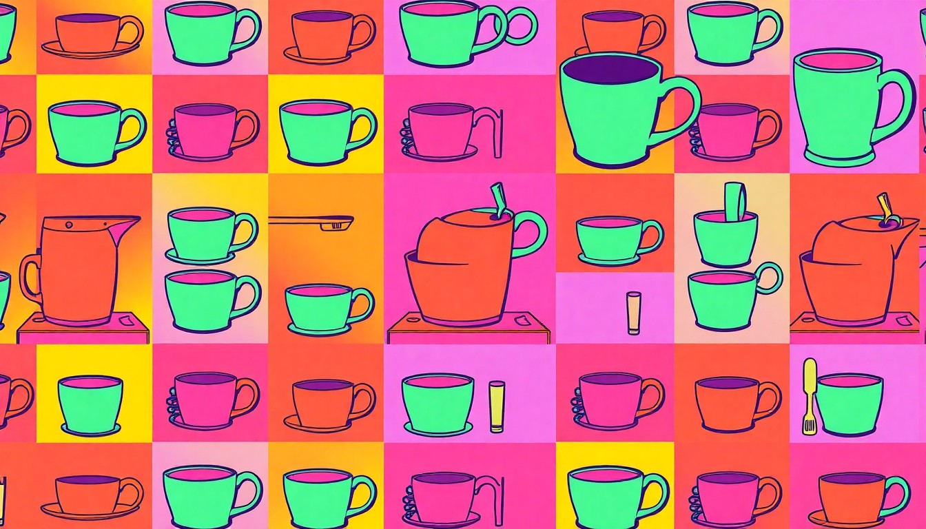 A brightly colored, high-contrast silkscreen print of a single, iconic architectural detail from the home, such as a window or doorway, repeated in a tight grid pattern in the style of Andy Warhol. The image utilizes flat, vibrant, and unnatural neon color palettes overlapping with heavy black photographic outlines to turn an everyday element of the home into modern pop art, completely avoiding text or readable labels.