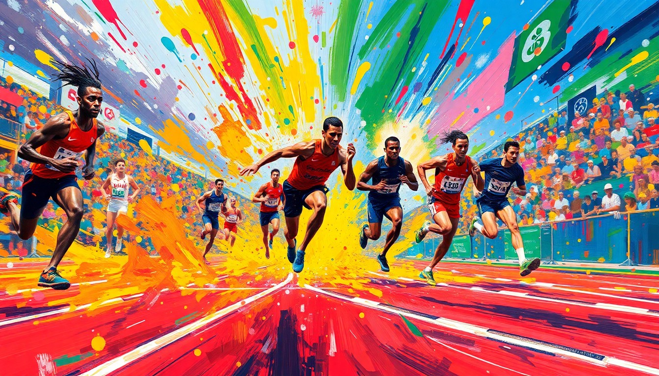An abstract expressionist painting in vibrant neon colors, with dynamic brushstrokes capturing the energy and motion of a track and field competition, figures and details dissolving into unrecognizable splatters of paint.