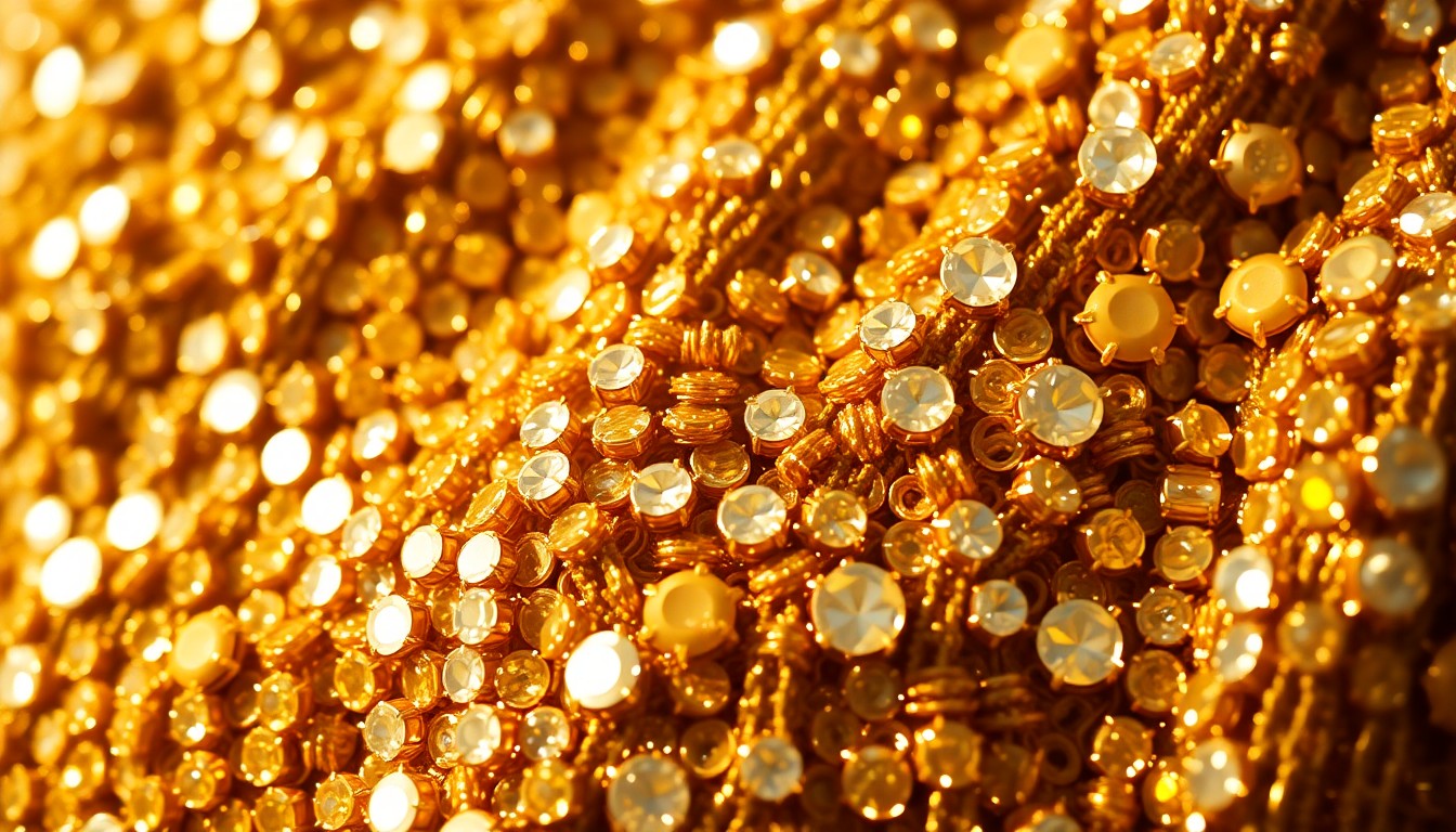 An abstract close-up image of shimmering gold sequins and sparkling rhinestones, capturing the high-fashion glamour and energy of celebrity culture.