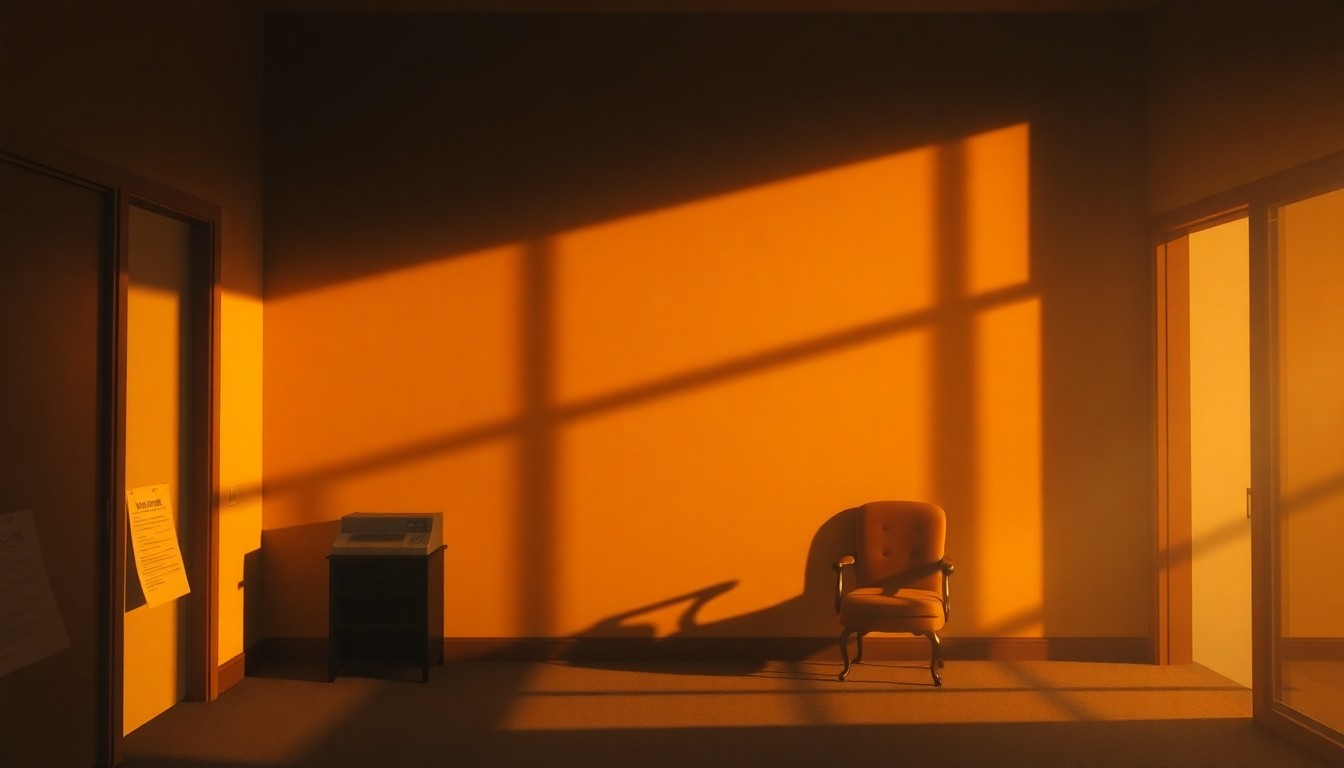 A photorealistic oil painting depicting a dimly lit insurance office with a lone document on a desk, the scene bathed in warm, golden light streaming through a window, conceptually representing the impact of insurance costs on the state budget.