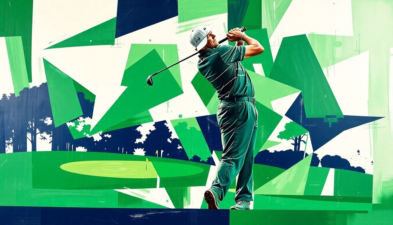 A cubist, geometric painting depicting a golfer's swing and the iconic Augusta National course, rendered in shades of green, white, and navy.