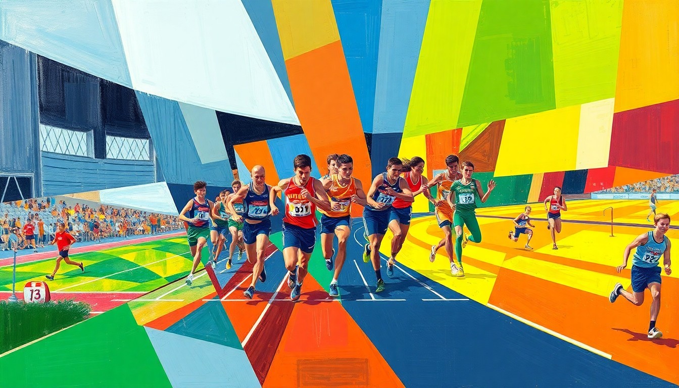 A fractured, geometric painting in vibrant colors depicting various track and field events and athletes in motion, with no identifiable individuals or logos.