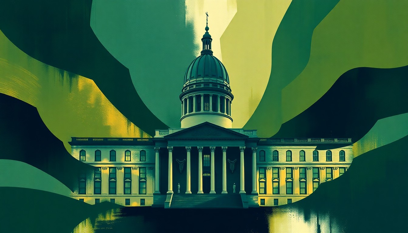 An abstract, fragmented painting of a government building in shades of green, blue, and gold, conveying a sense of motion and disruption in Maine's political sphere.
