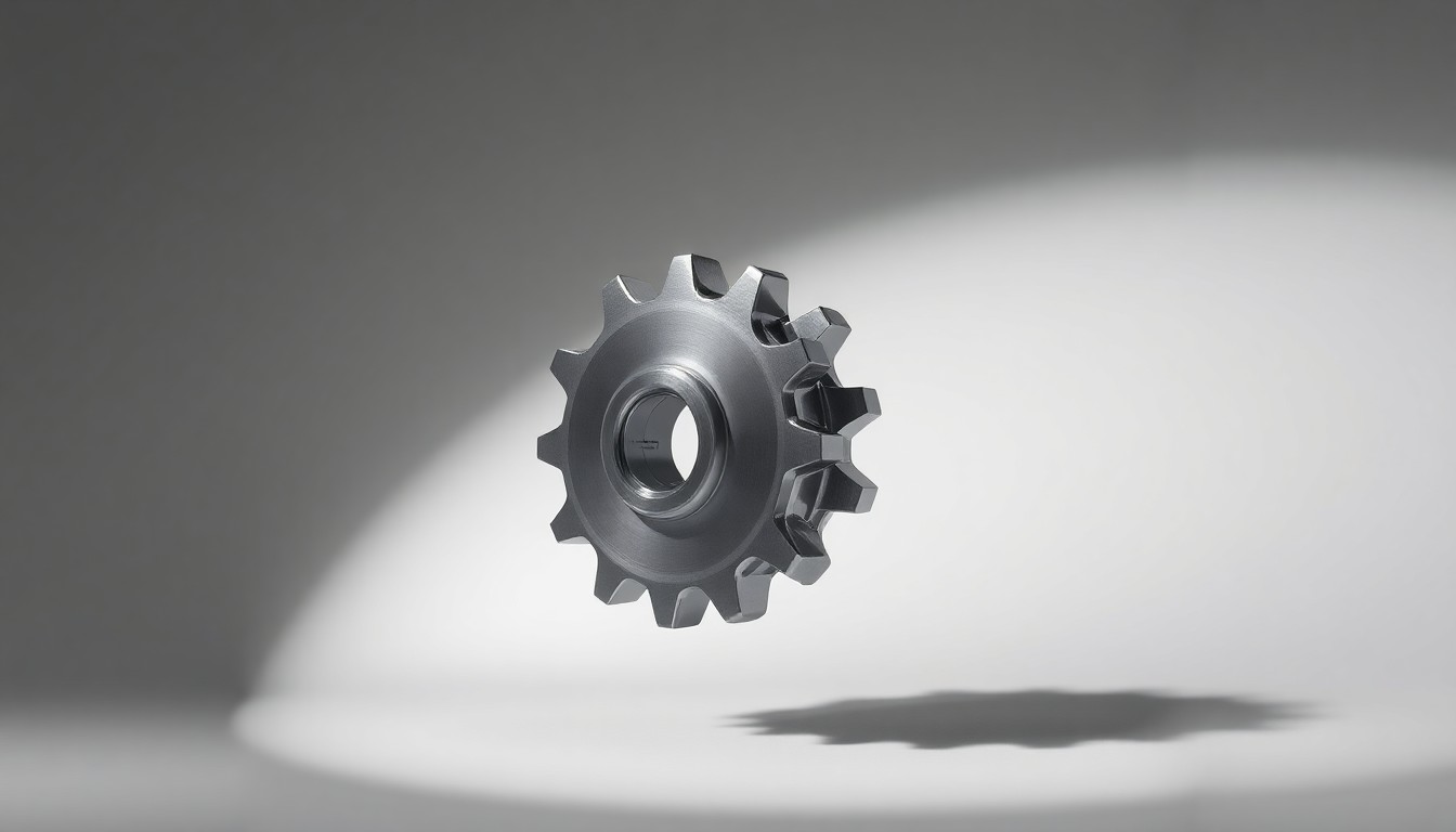 A highly reflective, chrome-plated tractor gear or component floating against a plain white background, lit dramatically to showcase its precise engineering and design.