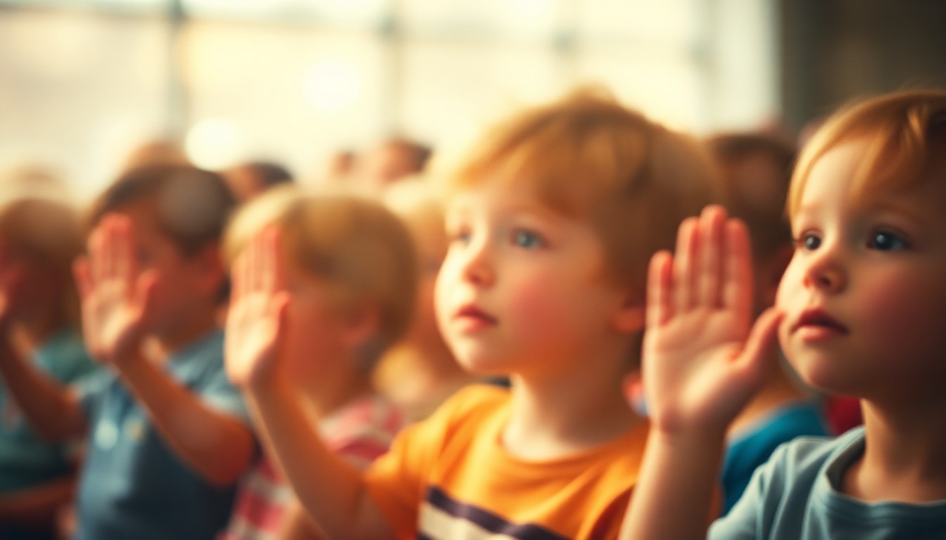 An abstract, out-of-focus image of blurred young faces and hands raised in the Pledge of Allegiance, conveying the warm, communal spirit of the classroom moment.