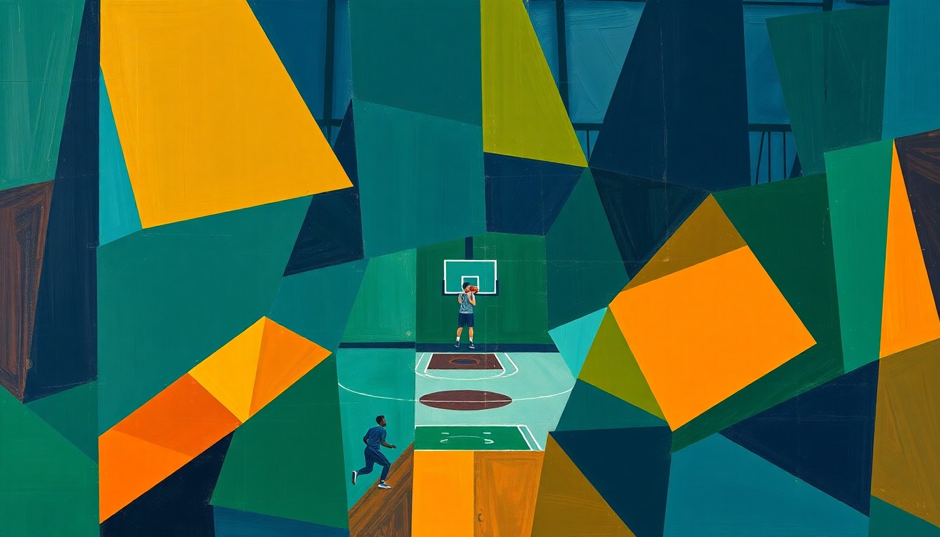 A cubist-style painting depicting a high school basketball game, with the players and court broken down into overlapping geometric shapes in shades of blue, green, and orange, conveying the dynamic energy and competitive spirit of the matchup.