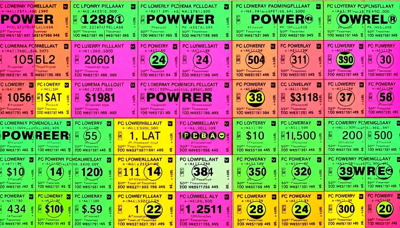 A bold, colorful silkscreen-style illustration featuring a repeating pattern of a California Lottery Powerball ticket, capturing the excitement and energy of the state's lottery offerings.