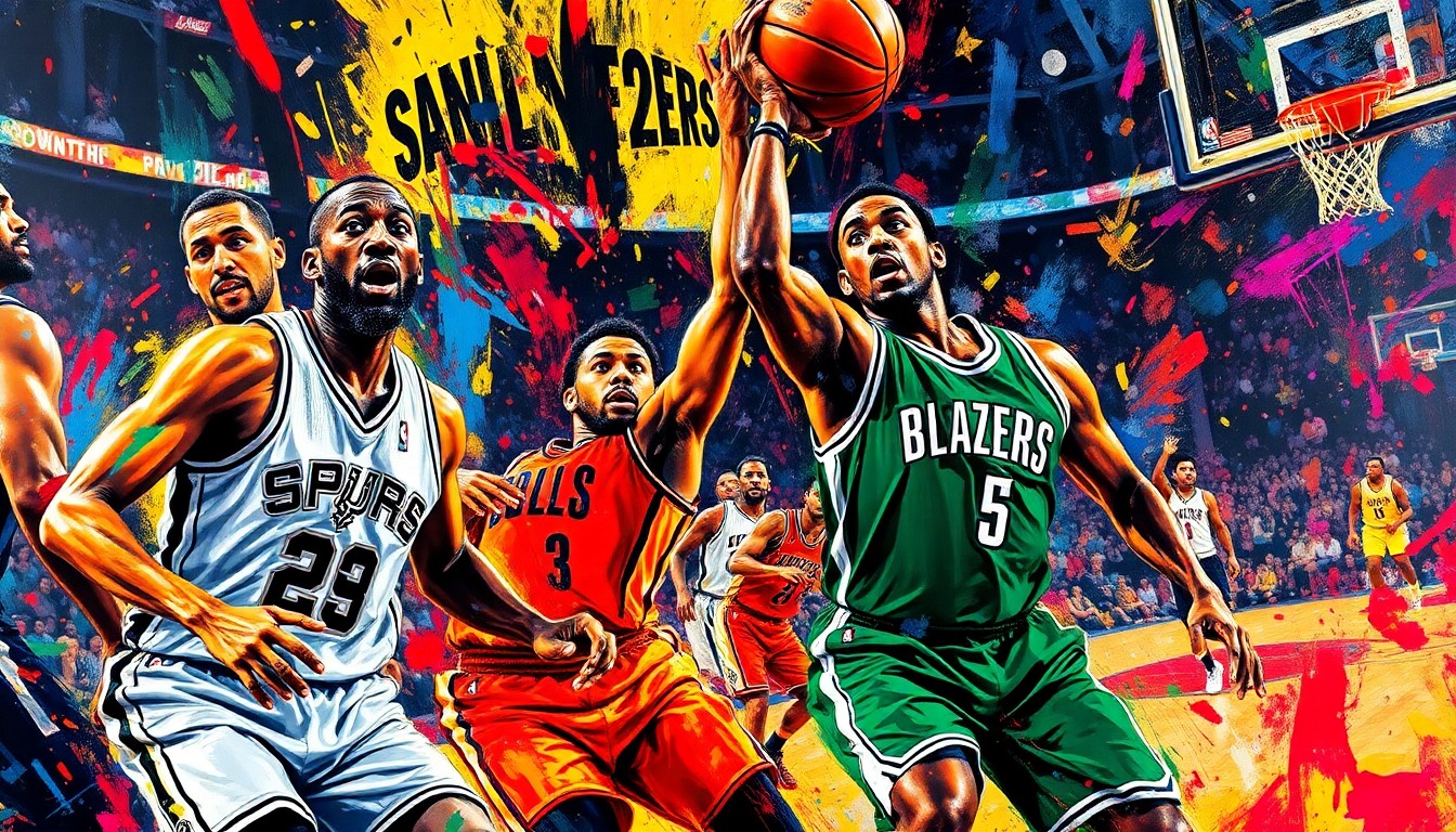 An abstract, expressionist painting featuring vibrant neon brushstrokes and splatters of color, capturing the intense energy and movement of a basketball game between the San Antonio Spurs and Portland Trail Blazers.