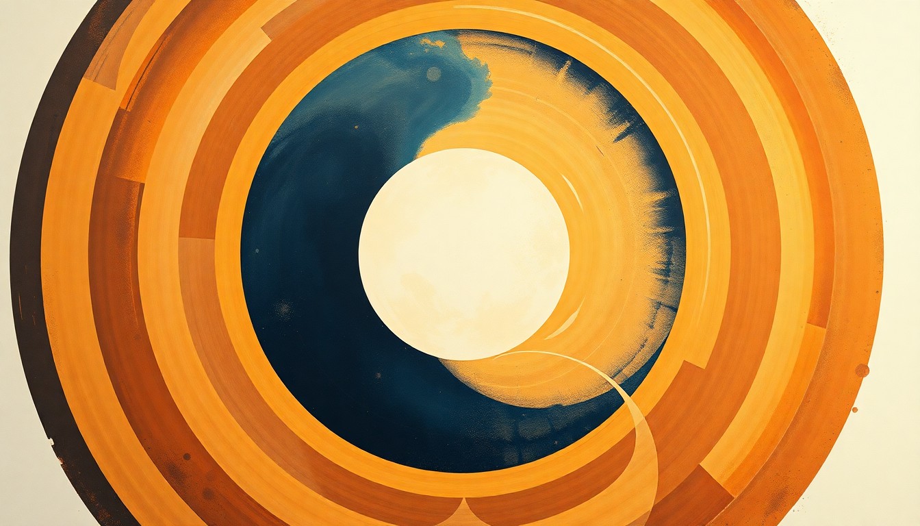 A bold, abstract painting in earthy tones depicting the Artemis II spacecraft's lunar flyby, with sweeping geometric arcs, concentric circles, and precise spirals representing the spacecraft's movement, the solar eclipse, and the Earth beyond the Moon's horizon.
