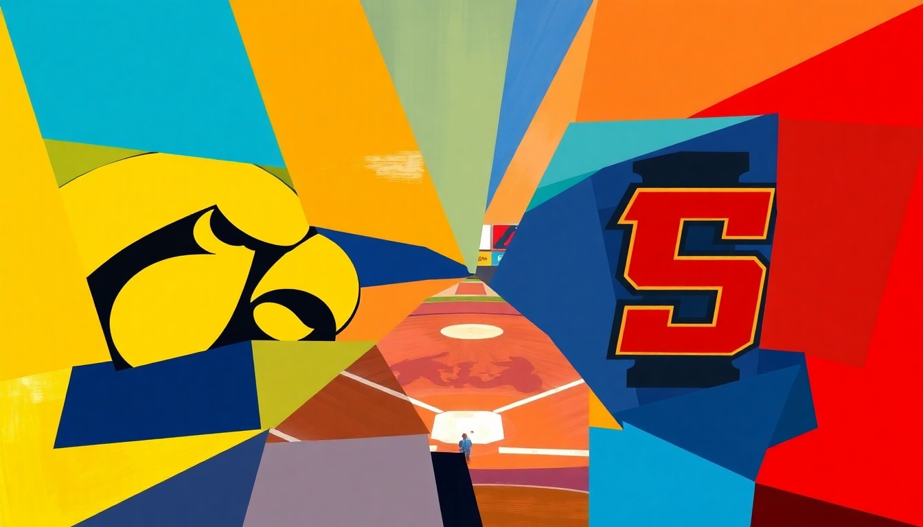 A dynamic, fragmented painting in bold colors and geometric shapes representing the back-and-forth action of a softball game between two rival teams.