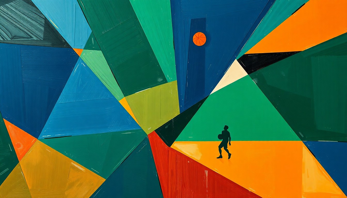 A cubist, geometric painting depicting a basketball game broken down into overlapping planes of navy, green, and orange, conveying the Thunder's dominant position atop the Western Conference.