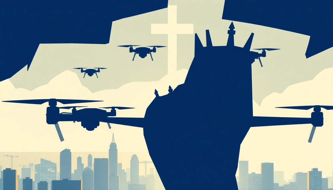 An abstract, minimalist illustration using stark geometric shapes in shades of blue, white, and gold to depict a dramatic scene of drones forming the silhouette of a figure representing 'King Jesus' over a cityscape, conceptually illustrating the large-scale drone light show performance.