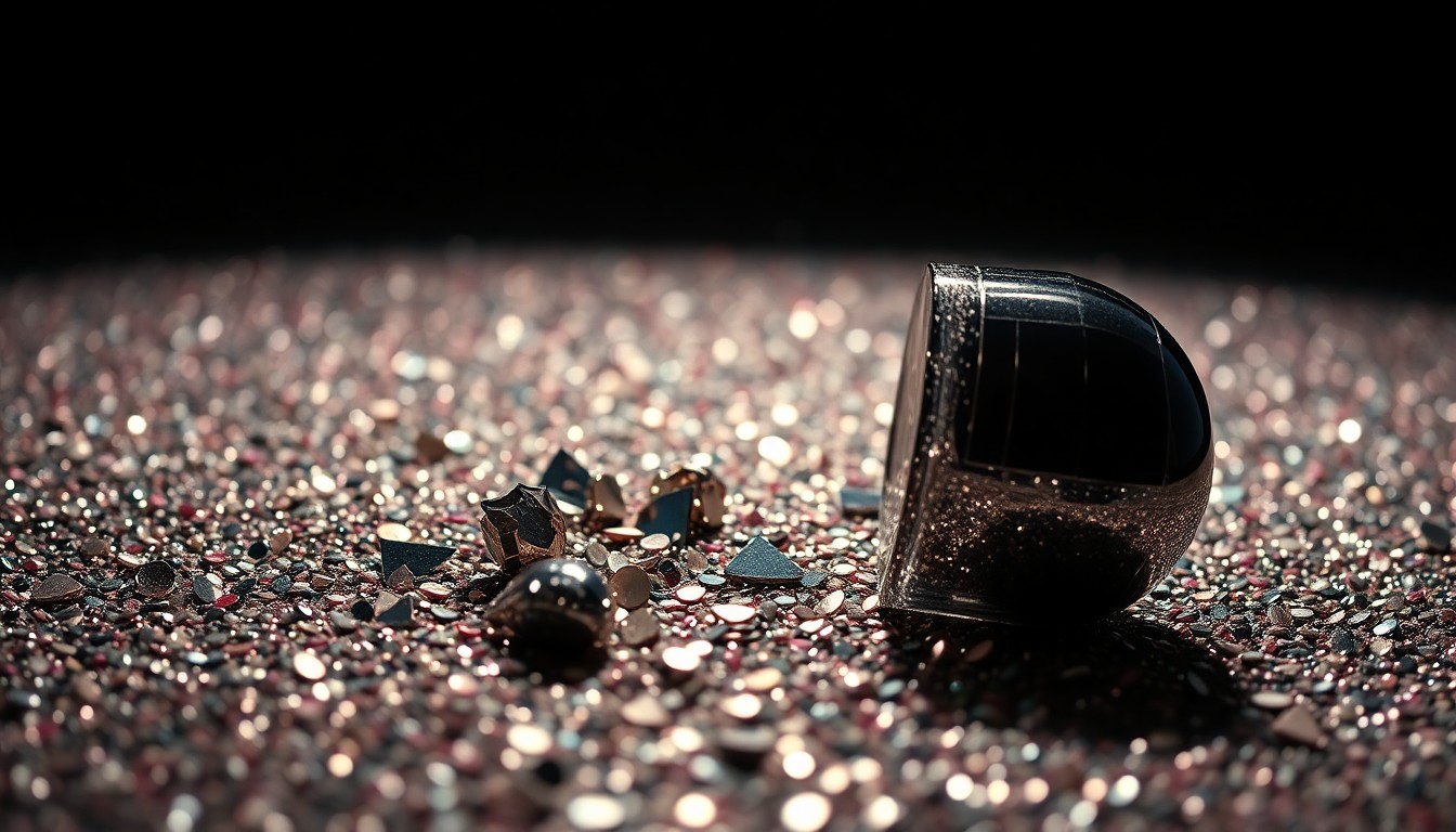 An extreme close-up of shimmering sequins and shattered glass, capturing the glamour and drama of a reality TV relationship in an abstract, high-fashion style.