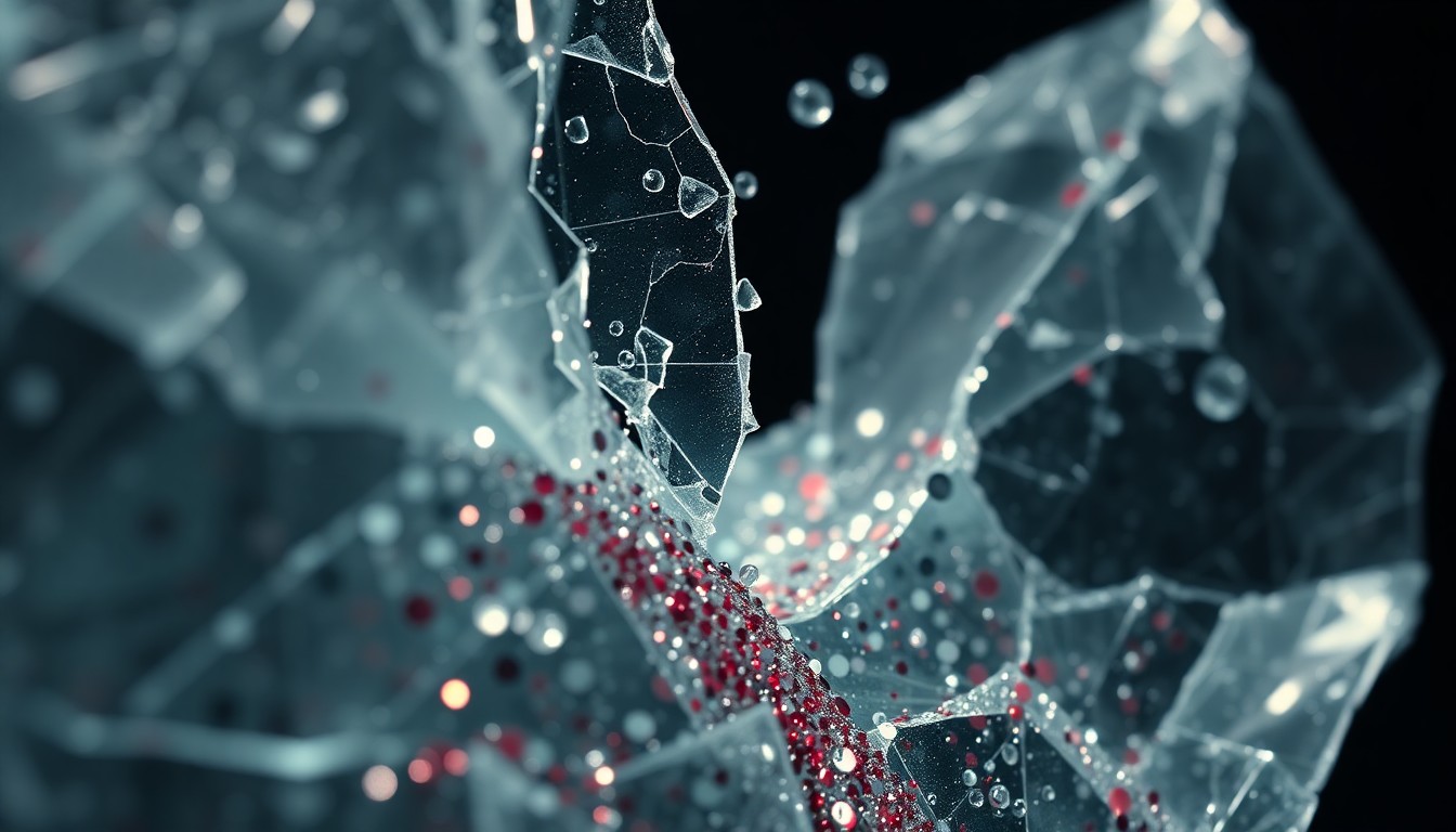 An abstract close-up image of shattered glass and glittering sequins, captured in dramatic high-contrast studio lighting to convey the glamour and drama surrounding celebrity relationships.