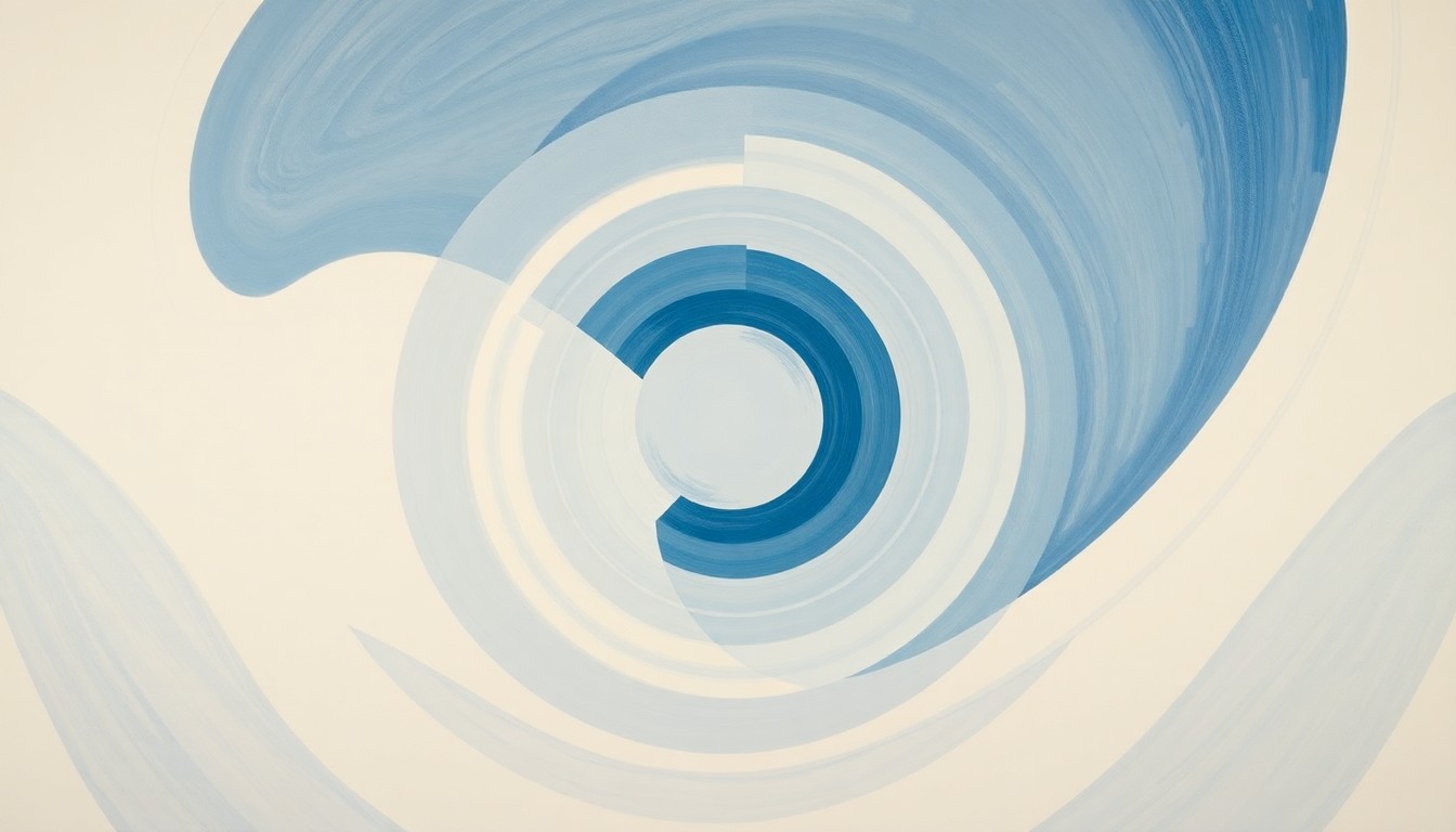 A highly textured, abstract painting in muted tones of blue, white, and grey, featuring sweeping geometric shapes and precise botanical spirals, conceptually representing the complex scientific process of snow metamorphosis.