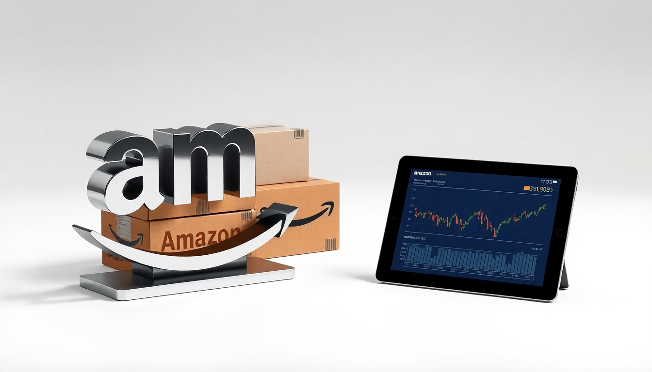 A high-end, photorealistic studio still-life photograph featuring a polished metal Amazon logo sculpture, a stack of Amazon shipping boxes, and a tablet displaying Amazon's stock price chart, all arranged elegantly on a clean, white seamless background with dramatic lighting and sharp shadows.