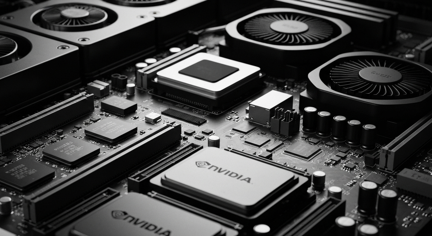 A high-contrast, black-and-white close-up image of NVIDIA's advanced computer hardware components, conveying the power and precision of the company's technology through an industrial, non-branded visual metaphor.
