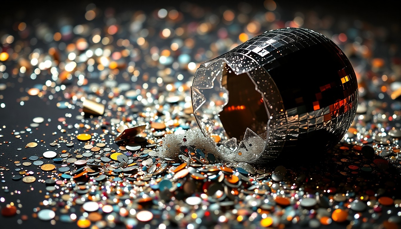 An abstract close-up photograph of shimmering sequins and shattered glass, capturing the high-fashion aesthetic and celebratory energy of Sabrina Carpenter's Coachella performance.
