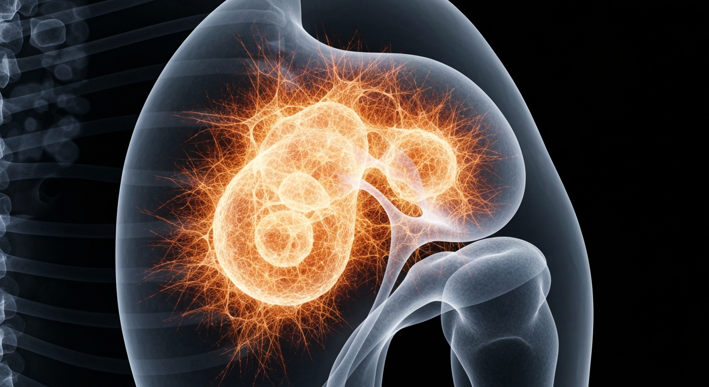 A ghostly, translucent X-ray photograph revealing the intricate web-like structures of a human lymph node, conceptually representing the immune cell interactions within the tumor microenvironment.