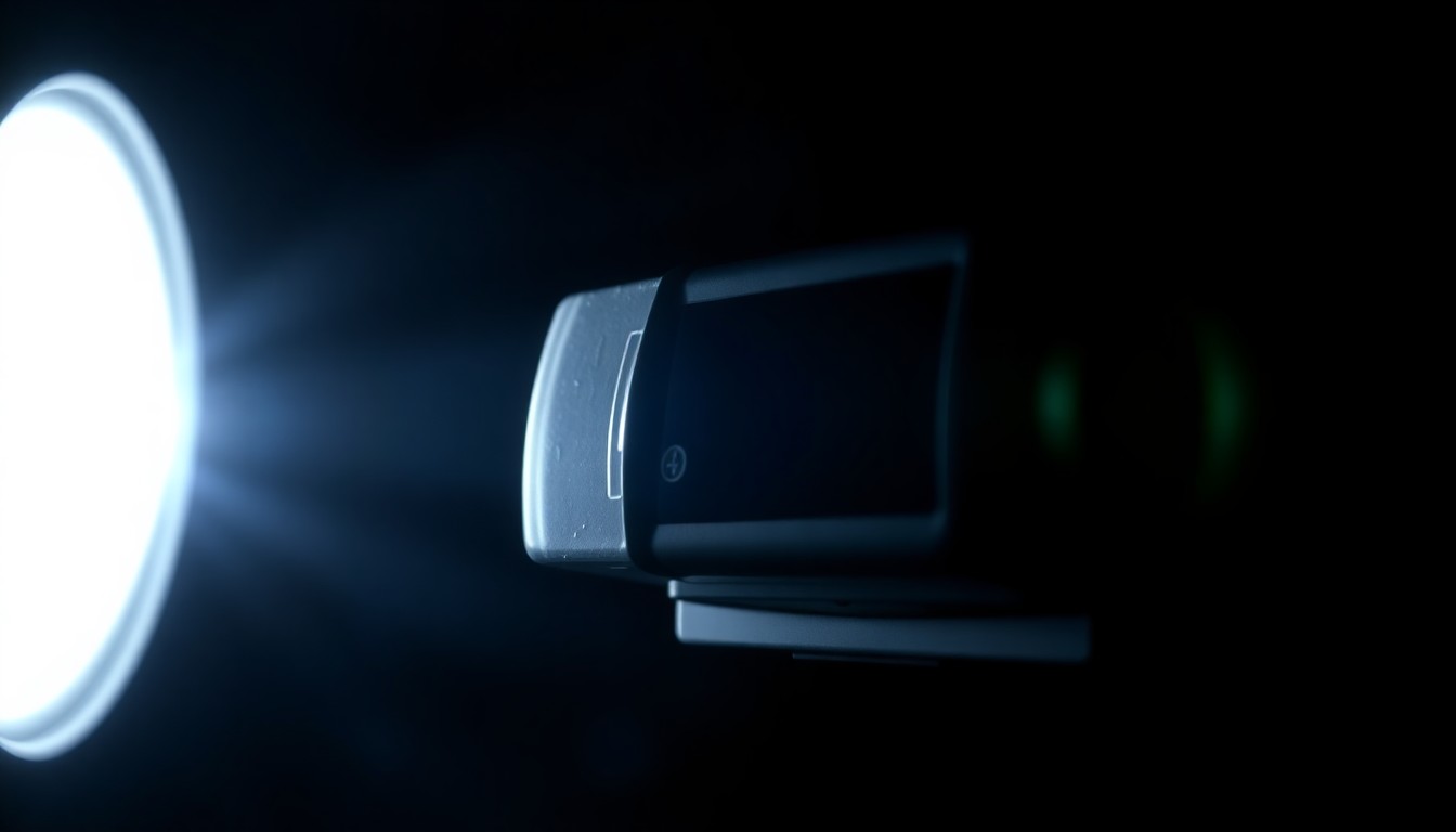 An extreme close-up photograph of a medical device, such as a defibrillator, lit by a harsh, direct camera flash against a pitch-black background, conceptually illustrating the allegations of improper medical response during the in-flight emergency.