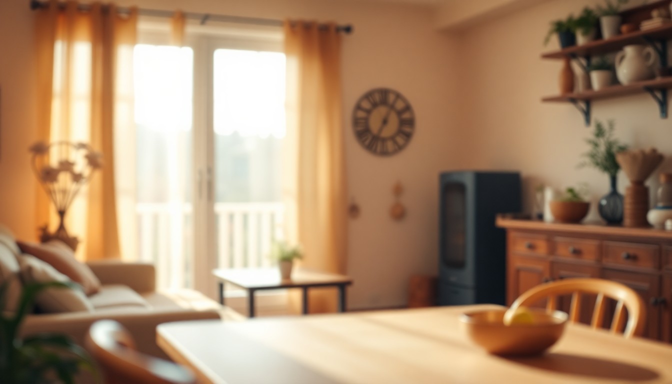 An extremely abstracted, out-of-focus photograph in warm, muted tones capturing a serene domestic scene, conceptually representing the quiet beauty and comfort of Linda Irene (Watts) Swank's life and legacy.