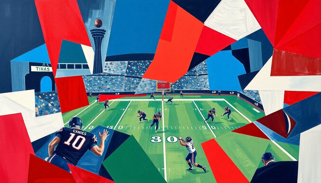 A cubist, geometric painting depicting a fragmented football game scene, with sharp planes of navy blue, red, and white representing the Tennessee Titans' colors.