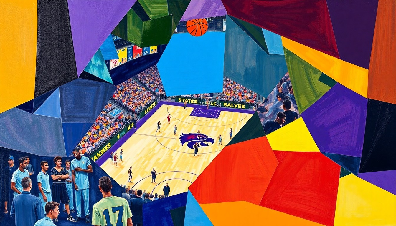 A cubist, geometric painting depicting the fragmented action of a college basketball game, with the vibrant colors of the Kansas State Wildcats and their opponent filling the frame.