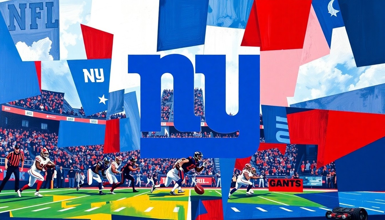 A fragmented, cubist-style painting depicting an abstract football scene, with sharp geometric shapes and planes in the Giants' team colors of blue, red, and white, conveying the strategic complexity and high-stakes energy of the NFL Draft.