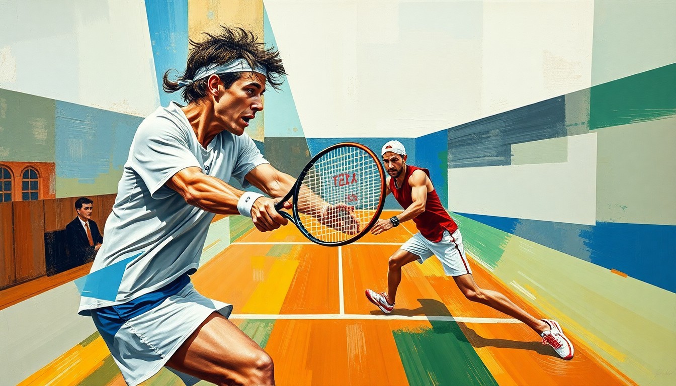 A fragmented, geometric painting depicting the dynamic movements and competitive energy of a tennis match, with sharp planes of color and form representing the players' intensity on the court.