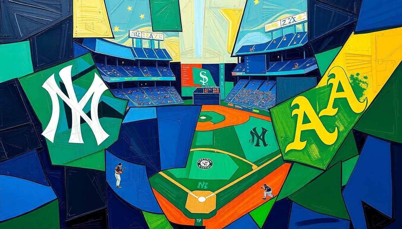 A fragmented, cubist-style painting depicting a baseball game between the New York Yankees and Oakland Athletics, with sharp geometric shapes and planes of navy blue, green, and gold representing the players and field of play.