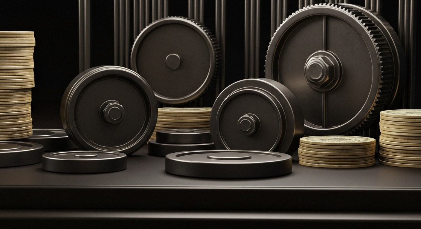 An extreme close-up of industrial banking machinery and equipment, conveying a sense of financial security and institutional wealth without using literal currency or charts.