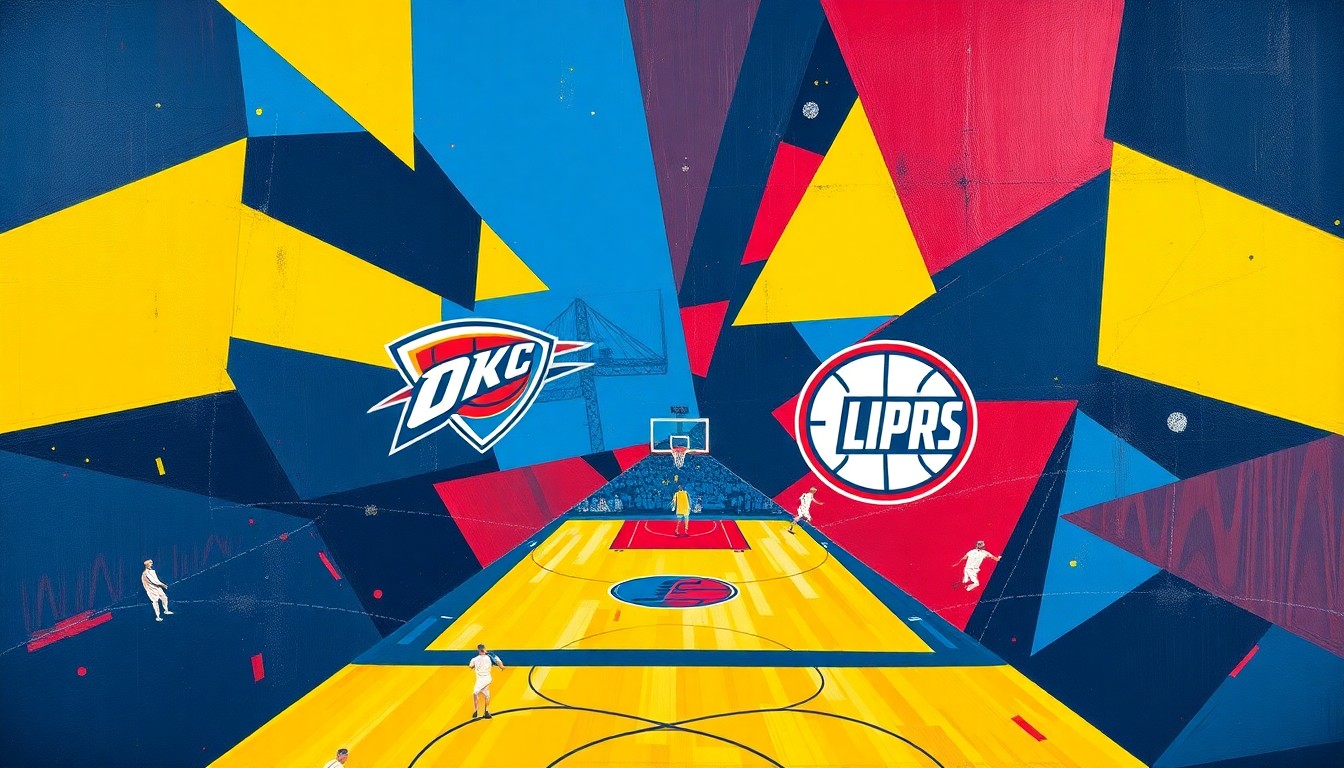 A cubist-style painting featuring fragmented, overlapping geometric shapes in shades of blue, red, and yellow, representing the action and energy of a basketball game between two NBA teams.