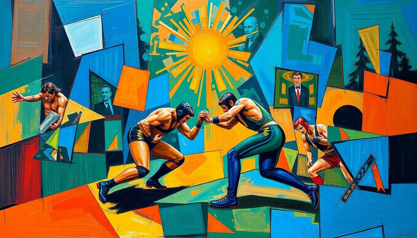 A cubist, geometric painting depicting the dynamic movements and energy of a wrestling match, with sharp planes of color and overlapping perspectives creating a sense of raw athletic power.