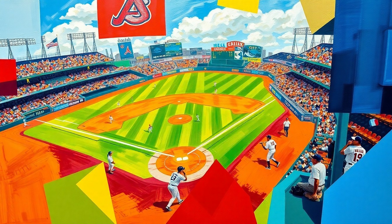 A cubist-style painting featuring overlapping geometric shapes and planes in vibrant colors, representing the dynamic action of a high school baseball game.
