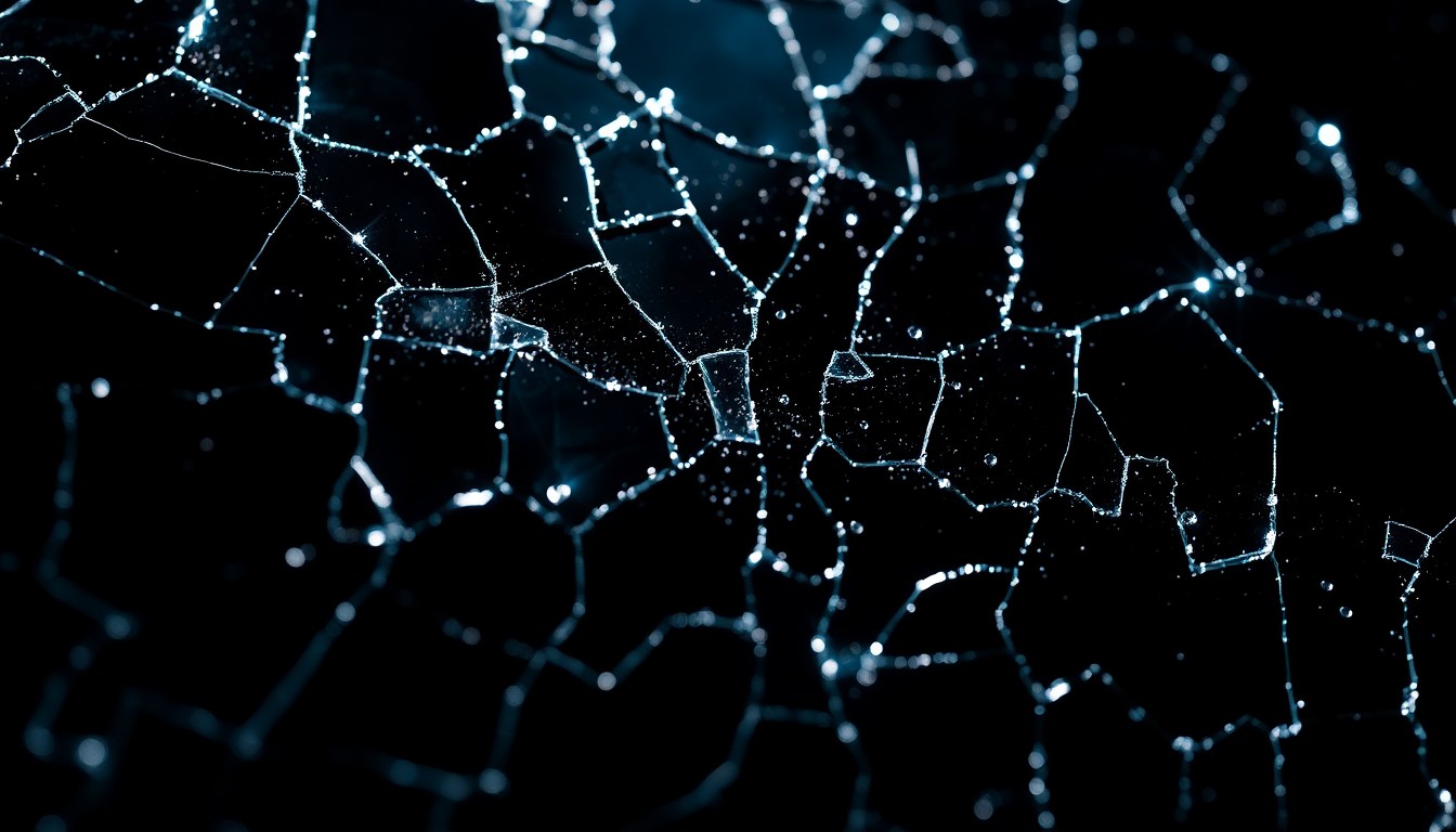 An abstract close-up image of a cracked, shimmering glass surface in high-contrast lighting, conveying the complex, interconnected nature of the Connections word game.