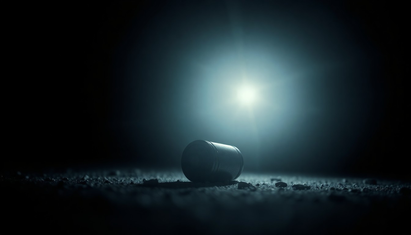 An extreme close-up of a spent shell casing on the ground, reflecting the harsh, direct lighting and creating a stark, gritty visual that conceptually represents the investigation into a fatal shooting incident.