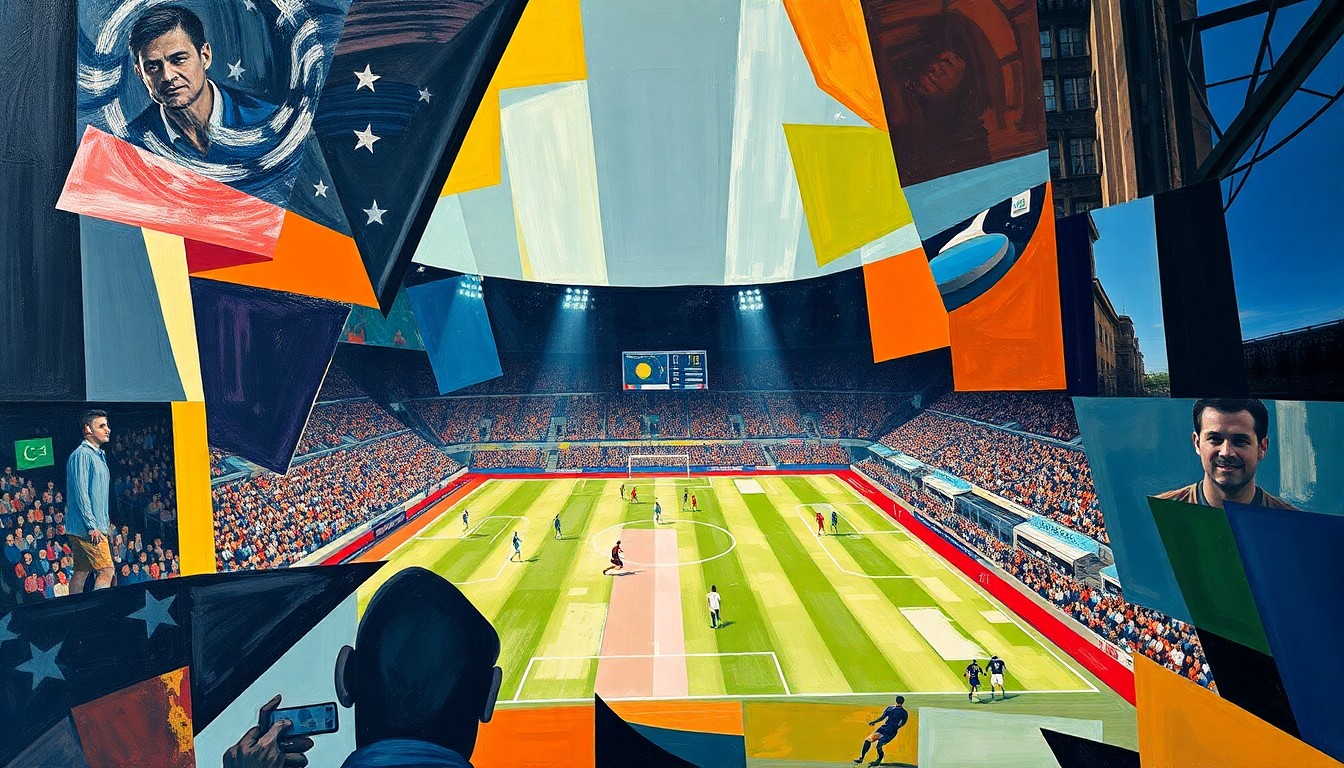 A cubist-style painting depicting a USMNT soccer match, with the action broken down into sharp, geometric shapes and planes of color, capturing the dynamic movement and energy of the game.