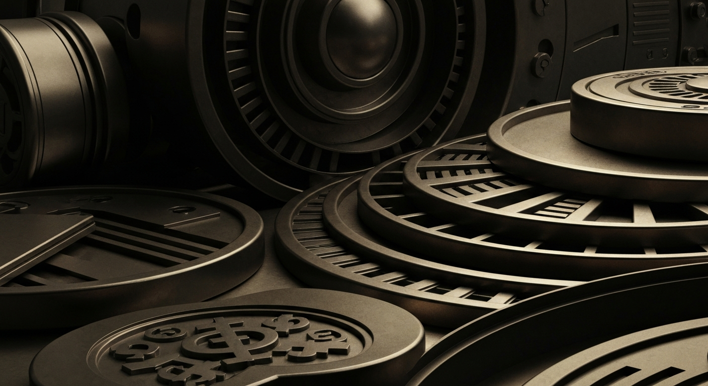 An extreme close-up of gears, levers, and other heavy industrial machinery, representing the complex financial systems underlying the pharmaceutical industry.